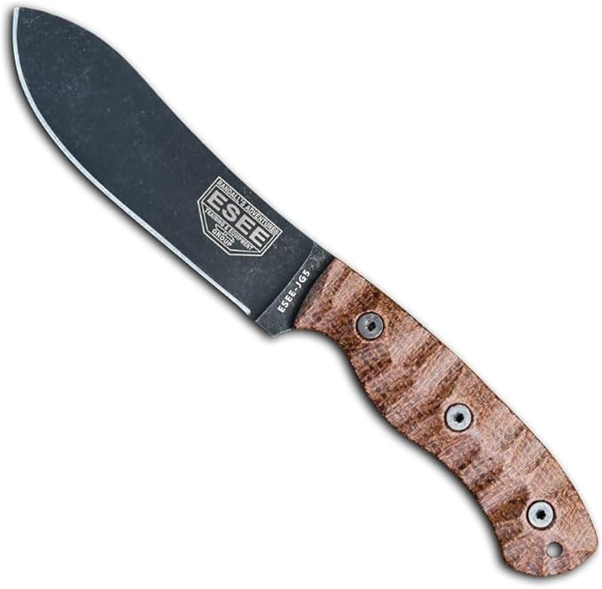 ESEE James Gibson Designed JG5 Nessmuk Fixed Blade Knife w/Sculpted Micarta Handles, Black Oxide Finish, and Brown Leather Pouch Sheath (Brown Sculpted Burlap Micarta)