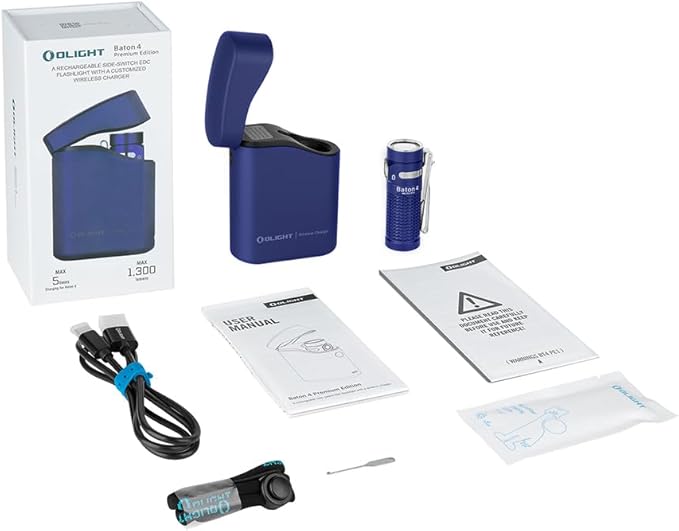 OLIGHT Baton4 Premium Edition EDC Flashlights 1300 Lumens with Type-C Charging Box, Powered by Rechargeable Battery, Small Bright Flashlight for Camping, Emergencies, Outdoors (Regal Blue)