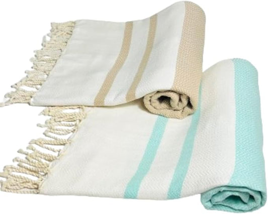 2 Set Oversized Turkish Bath Towel Sheets for Adults XXL Bathroom Extra Large Luxury Cotton Pool Peshtemal Washable Good Texture, Absorbency, Softness (Mint Green and Caramel Beige)