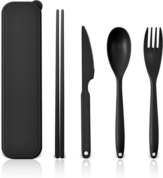Large Reusable Travel Utensils Set with Case, Plastic Silverware Set for Adults Travel Picnic Camping, Portable Flatware Cutlery Set with Chopsticks for Daily Use(Black)