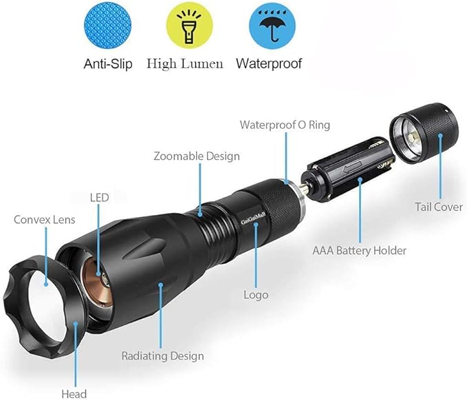 2 Pack Tactical Green Light Flashlight Single Modes Zoomable LED Hunting Light for Night Vision