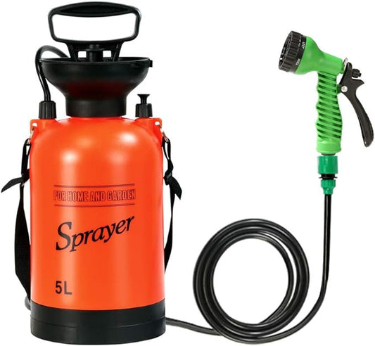CLICIC 1.3 Gallon Pressure Sprayer with 7 Spray Modes, Camping Shower with Removable Hose and Shower Head, for Camping Outdoor Traveling Hiking and Pet Bath, 5L, Red