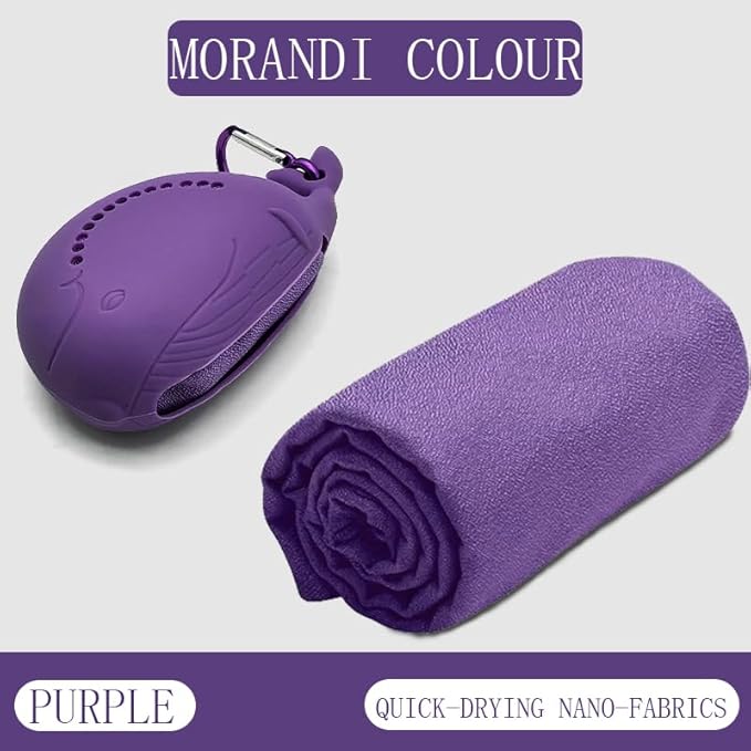 FANCAME Quick Dry Towel with Whale Silicone Sleeve Microfiber Sports Travel Towel Soft Breathable Cooling Towel Absorbent Compact Beach Towels,Suitable for Gym,Camping and Yoga (Purple, 15‘’x 15")