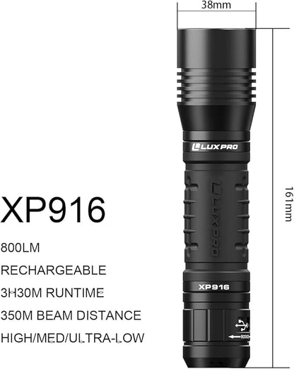 LUXPRO Pro Series 800 Lumen LED Rechargeable Flashlight - Features Patented TackGrip with Aircraft-Grade Aluminum and LPE Optics - Camping Accessories with Micro USB Charge Port - Batteries Included