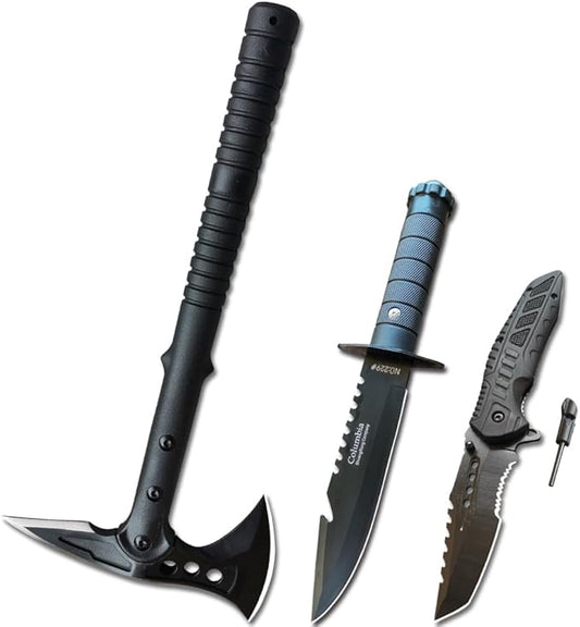 Axe & Survival Bowie Knife & Folding Pocket Knife, Fixed Blade Hunting Knife with Sheath, Sharpener and Fire Starter Inculded, Tactical Knife for Camping, Hunting, Outdoor (Type-1)