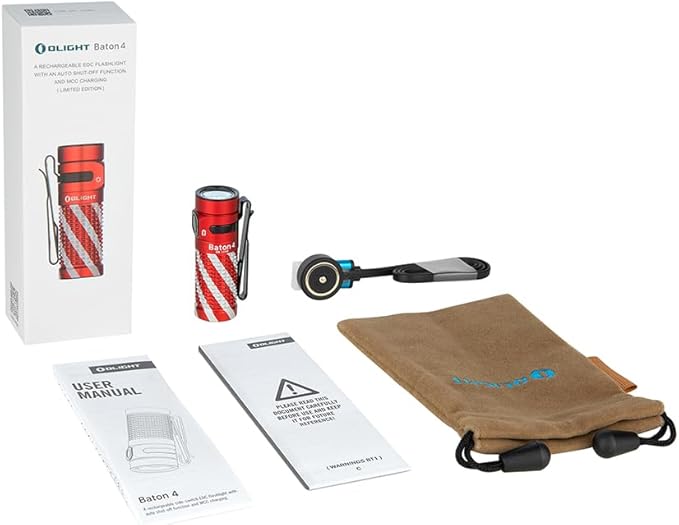 OLIGHT Baton4 Rechargeable EDC Flashlight, LED Pocket Flashlight 1300 Lumens with Magnetic Charging Cable, Small Powerful Bright Flashlight for Home, Camping, and Emergencies (Candy Cane)