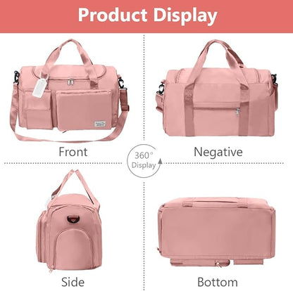 Travel Duffel Bag, Foldable Gym Bag with Luggage Tag, Large Capacity Weekend Overnight Bags with Wet and Dry Separation Bag, Waterproof Sports Tote Bag, for Travel, Sports, Gym (Pink)