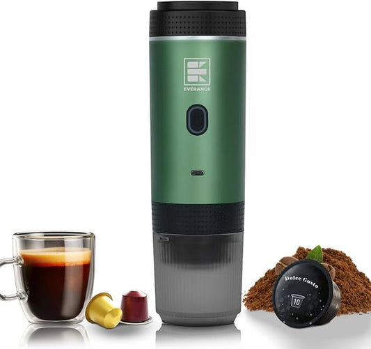 Portable Electric Espresso Machine, Travel Coffee Maker for Camping, Car, RV & Hiking, Self-Heating with Type-C, Compatible with Ground Coffee & NS Capsules, Green