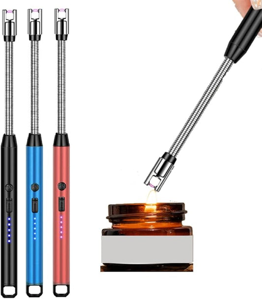 3 Pack Candle Lighter,Arc Lighter with USB Charging,Flameless Windproof,LED Battery Display,Safety Switch,Rotate 360 Degrees,for Aromatherapy,Candles,BBQ,Camping. (Black&Red&Blue)