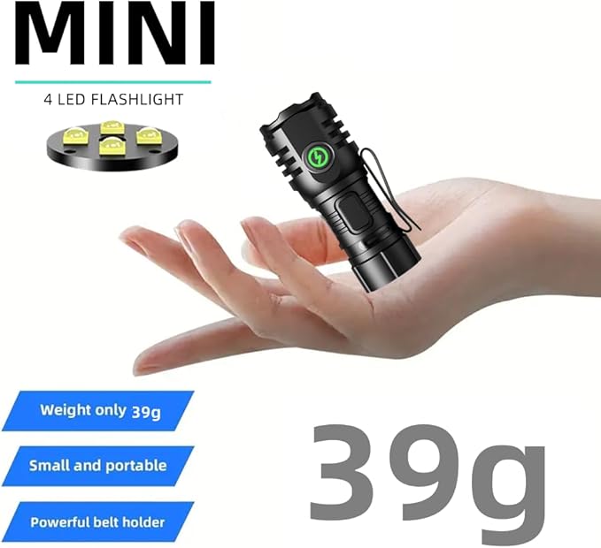 ALONEFIRE H64 Mini LED Flashlight Type C USB Rechargeable Bright 4 LED Light Source Small Torch 8 Modes Waterproof Long Battery Life with Tail Magnet, Clip, Battery for Outdoor, EDC Carry, Hiking