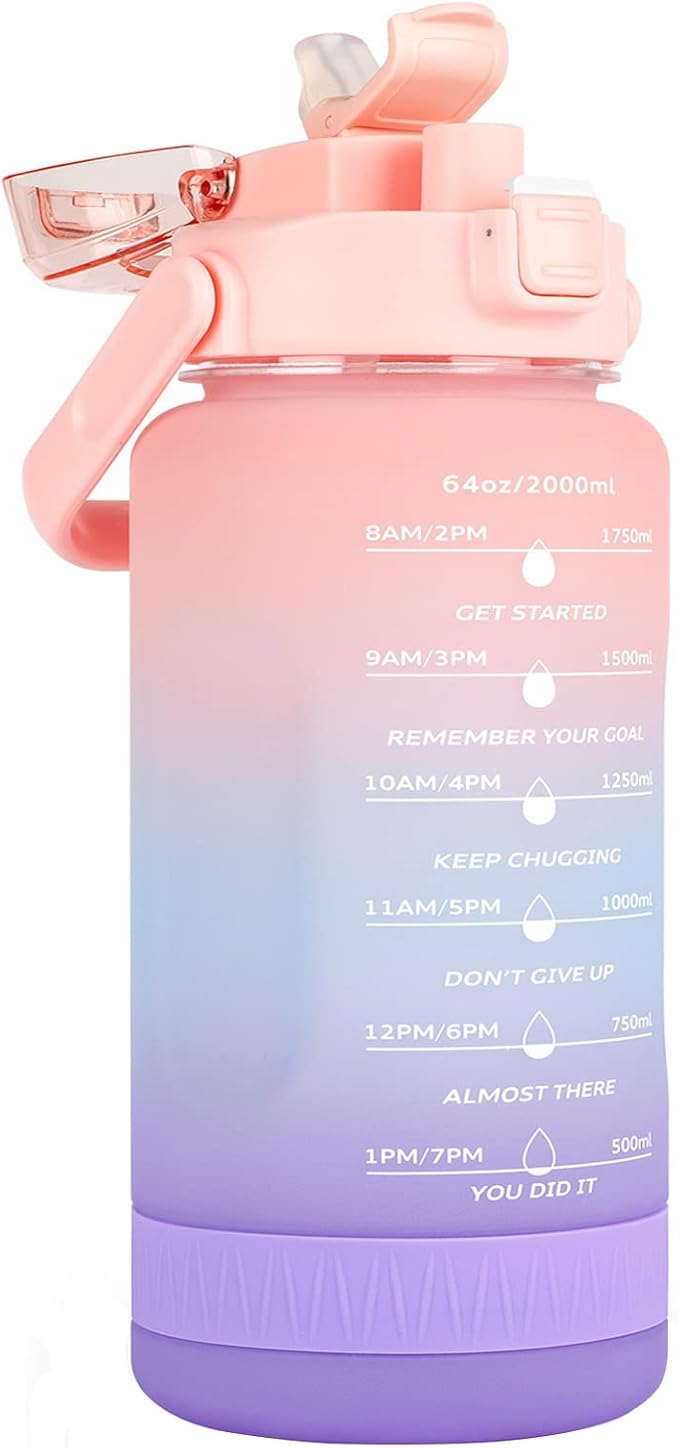 64oz Half Gallon Water Bottle With Sleeve, Water Bottles with Time Marker/Straw/Chug One Lids, Leakproof Tritan BPA Free Reusable Water Jug Easy Carry for Adult and Kids Gym Sports Outdoors