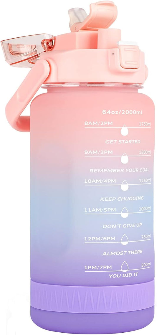 64oz Half Gallon Water Bottle With Sleeve, Water Bottles with Time Marker/Straw/Chug One Lids, Leakproof Tritan BPA Free Reusable Water Jug Easy Carry for Adult and Kids Gym Sports Outdoors