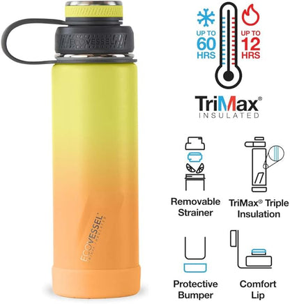 EcoVessel Stainless Steel Water Bottle with Insulated Dual Lid, Insulated Water Bottle with Strainer and Silicone Bottle Bumper, Coffee Mug – 20oz (Navy-Colorado)