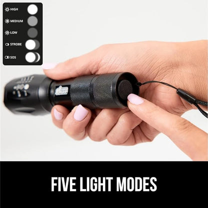 Gorilla Grip Powerful LED 750 FT Water Resistant 5 Adjustable Mode Tactical Flashlight, High Lumens Ultra Bright Battery Zoom Flashlights, Small Camping Car Mini Flash Light Accessories, 2 Pack Black