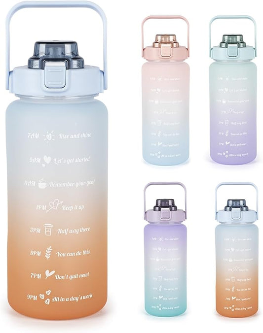 64oz Half Gallon Water Bottle With Sleeve, Water Bottles with Time Marker/Straw/Chug One Lids, Leakproof Tritan BPA Free Reusable Water Jug Easy Carry for Adult and Kids Gym Sports Outdoors