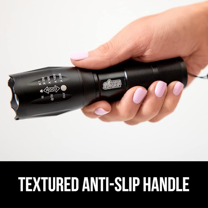 Gorilla Grip Powerful LED 750 FT Water Resistant 5 Adjustable Mode Tactical Flashlight, High Lumens Ultra Bright Battery Life Zoom Flashlights, Small Camping Car Mini Flash Light Accessories, Black