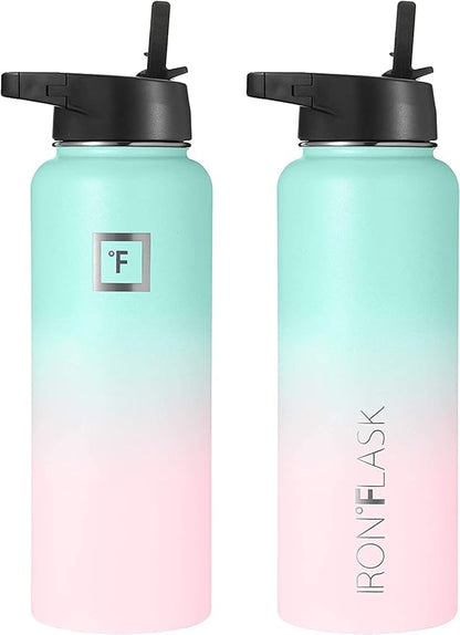 IRON °FLASK Camping & Hiking Hydration Flask, Wide Mouth, 3 Straw Lids, Stainless Steel Outdoor Water Bottle, Double Walled, Insulated Thermos, Metal Canteen - Bubble Gum, 18 Oz