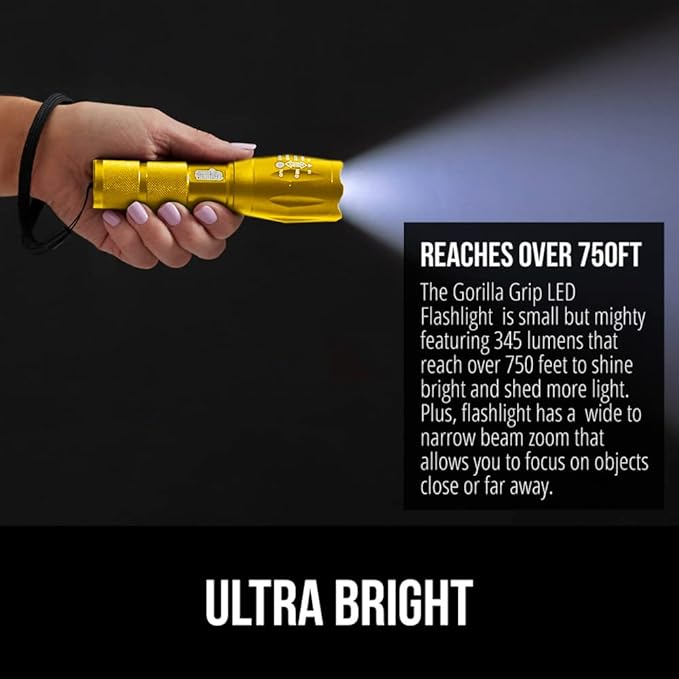 Gorilla Grip Powerful LED 750 FT Water Resistant 5 Adjustable Mode Tactical Flashlight, High Lumens Ultra Bright Battery Zoom Flashlights, Small Camping Car Mini Flash Light Accessories, 2 Pack Gold