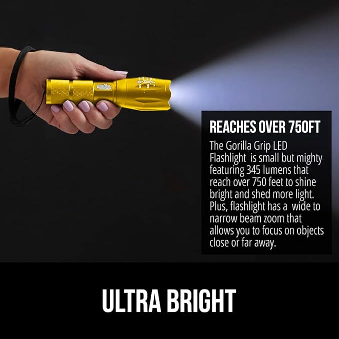 Gorilla Grip Powerful LED 750 FT Water Resistant 5 Adjustable Mode Tactical Flashlight, High Lumens Ultra Bright Battery Life Zoom Flashlights, Small Camping Car Mini Flash Light Accessories, Gold