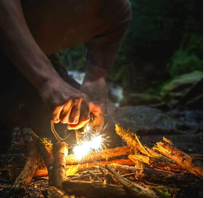 Dextreme Ferro Rod Flint Fire Starter Kit with Handcrafted Wood Handle, Coton Tinder, Transport Bag Multi-Tool Striker Paracord Lanyard for Camping Gear 12,000+ Strikes 5/16'' Thick Bushcraft Survival