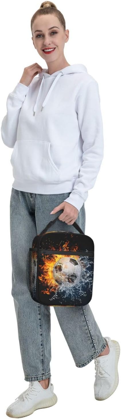 Insulated Durable Football Lunch Box with Shoulder Strap, Kids Adult Fire And Water Soccer School Lunch Bag, Lunch Tote Box Bag for Office School Picnic Beach Travel
