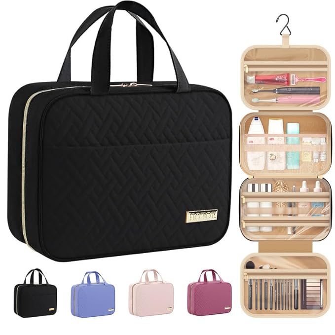 HOTOR Travel Toiletry Bag w/Hanging Hook - Spacious Toiletry Bag Essentials for Women & Men, Makeup Bag/Big Comparment, Waterproof for Travel Accessories, Large, Black