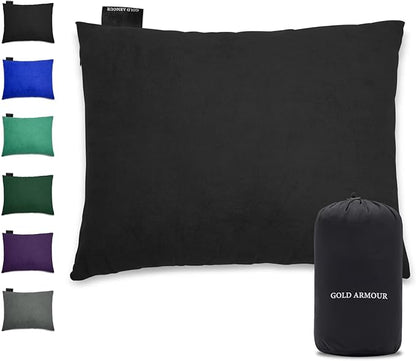 Gold Armour Camping Pillow - Backpacking and Travel Pillow for Sleeping and Traveling - Compressible Memory Foam Travel Pillow - Essential Camping Accessories Gear (Medium 14x18in, Black)