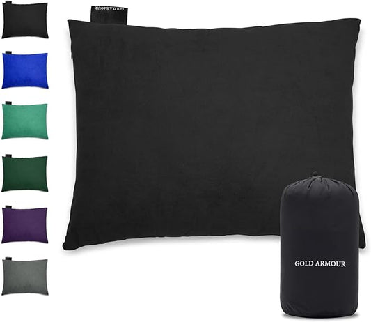 Gold Armour Camping Pillow - Backpacking and Travel Pillow for Sleeping and Traveling - Compressible Memory Foam Travel Pillow - Essential Camping Accessories Gear (Medium 14x18in, Black)