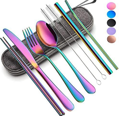 Travel Utensils with Case, Portable Travel Utensils Cutlery Set Stainless Steel Flatware Set for Camping 8pcs Including Dinner Knife Fork Spoon Chopsticks Boba Straw (Rainbow)