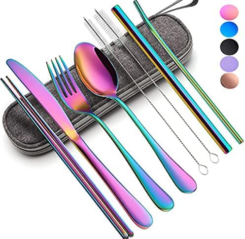 Travel Utensils with Case, Portable Travel Utensils Cutlery Set Stainless Steel Flatware Set for Camping 8pcs Including Dinner Knife Fork Spoon Chopsticks Boba Straw (Rainbow)