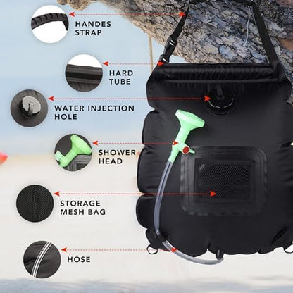 Solar Shower Bag - 5 Gallon / 20 L Portable & Compact Solar Heating Shower, Removable Hose & On-Off Shower Head - Made of Premium ABS Plastic - Ideal for Travel, Camping, Hiking, Fishing