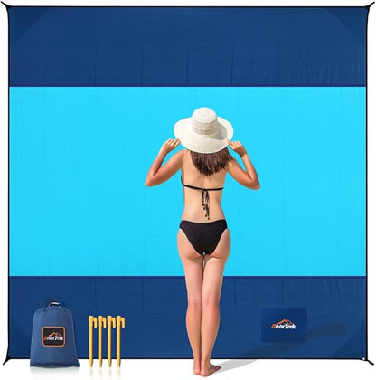 Beach Blanket Sandproof, Extra Large Beach Mat, Sand Free Mat Quick Drying, Lightweight, Soft & Durable Mat for Beach, Yard (Dark Blue & Blue, 6.6 x 6.6 FT (1～4 Person))