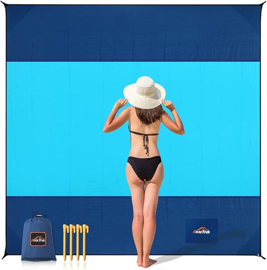 Beach Blanket Sandproof, Extra Large Beach Mat, Sand Free Mat Quick Drying, Lightweight, Soft & Durable Mat for Beach, Yard (Dark Blue & Blue, 6.6 x 6.6 FT (1～4 Person))