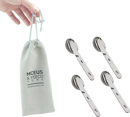4-in-1 Camping Utensils Hiking Cutlery Set for 4, Portable Stainless Steel Flatware Spoon Fork, Knife & Bottle Opener Combo pack for Picnic Travel, Barbecue, Backpack Outdoor Gear with Carrying Bag