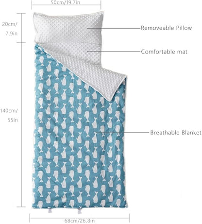 Bunnikins & Clover Toddler Nap Mat with Removable Pillow, Nap Mats for Preschool, Easy Clean Toddler Nap Pad for Kindergarten, Kids Sleeping Bag for Travel Camping