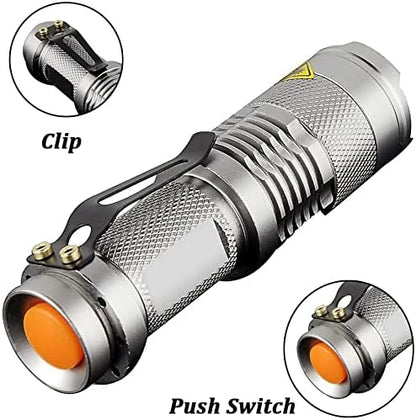 MODOAO 6 Pack,7W 300LM SK-68 3 Modes Mini Light Black Q5 LED Tactical Flashlight, LED Mini Flashlights,Adjustable Focus Zoomable Tactical Flashlight for Camping Hiking(Silver)