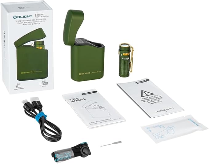 OLIGHT Baton4 Premium Edition EDC Flashlights 1300 Lumens with Type-C Charging Box, Powered By Rechargeable Battery, Small Bright Flashlight IPX8 Waterproof for Camping Emergencies Outdoors (OD Green)