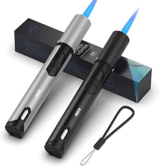 2 Pack Butane Lighter, Torch Lighter with Fuel Level Window, Adjustable Fire Jet Lighter for Fireplace, Windproof Pen Lighter for Candle Kitchen BBQ, Lighter Fluid not Included, Black & Sliver