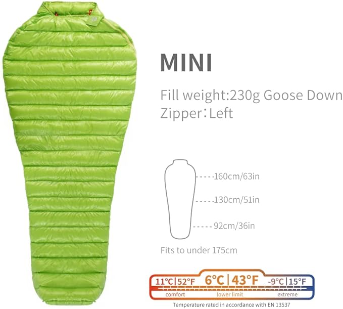 Mini 6 Degree 800FP Goose Down Sleeping Bag Ultralight Down Sleeping Bag for Backpacking and Camping for Men & Women (Green, Regular)