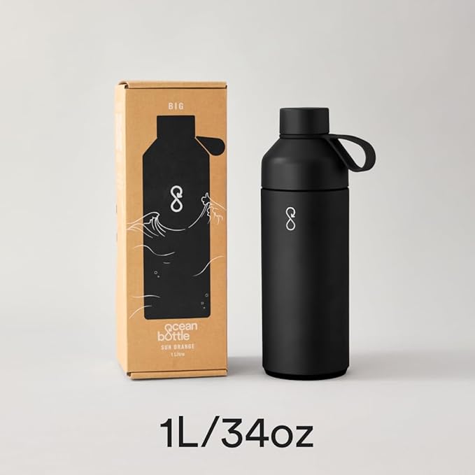 Ocean Bottle - Recycled Stainless Steel Drinks Reusable Water Bottle - Eco-Friendly & Reusable - Obsidian Black - 34 oz