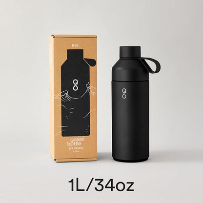 Ocean Bottle - Recycled Stainless Steel Drinks Reusable Water Bottle - Eco-Friendly & Reusable - Obsidian Black - 34 oz
