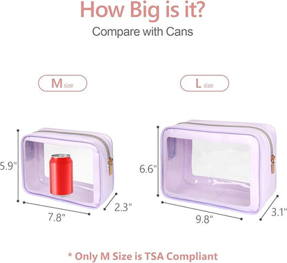 PACKISM TSA Approved Toiletry Bag - Upgrade Color-Edged Clear Makeup Bag, Unique Appearance, 2 Pack Hold Lots of Items, Reusable Clear Toiletry Bags for Travel Essentials, Purple (2 Sizes)