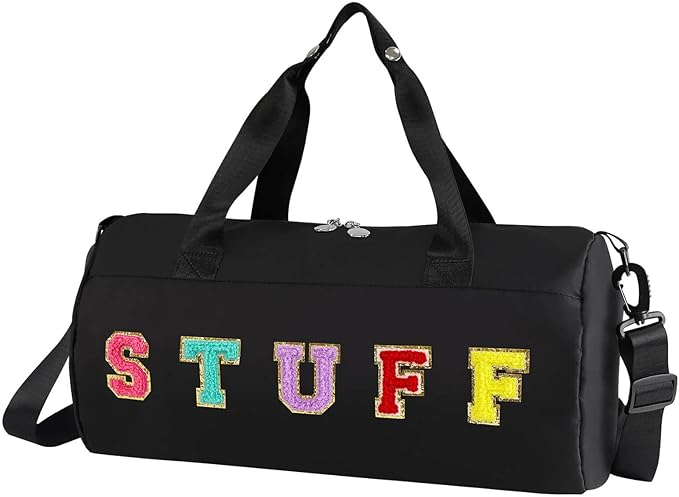 Chenille Letter Stuff Tote Bag 16 Inch, Small Gym Duffle Bag for Travel Dance Sports Workout Camping, Carry On Cheer Ballet Overnight Weekender Bags Birthday Gifts for Girls Kids Teens Women - Black