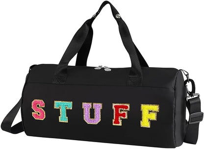 Chenille Letter Stuff Tote Bag 16 Inch, Small Gym Duffle Bag for Travel Dance Sports Workout Camping, Carry On Cheer Ballet Overnight Weekender Bags Birthday Gifts for Girls Kids Teens Women - Black