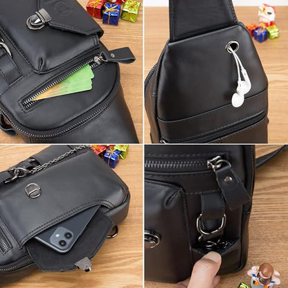 Vintage Genuine Leather Sling Bag Backpack for Men Crossbody with Cellphone Stand Chain Chest Shoulder Crossbody Daypack Black