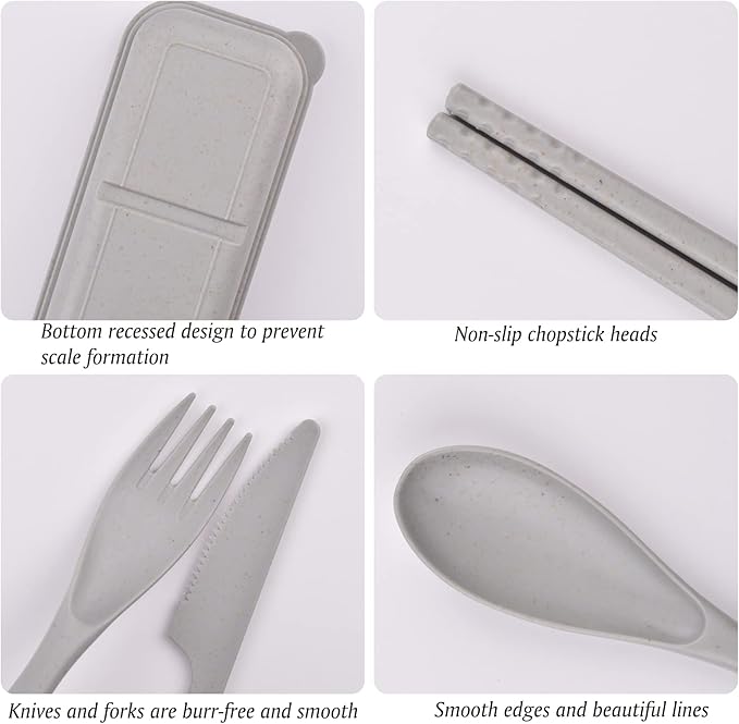 Travel Utensils with Case, Portable Wheat Straw Cutlery Set, Spoon Knife Fork Chopsticks Reusable Utensils for Travel Work Picnic Camping or Daily Use