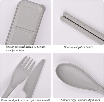 Travel Utensils with Case, Portable Wheat Straw Cutlery Set, Spoon Knife Fork Chopsticks Reusable Utensils for Travel Work Picnic Camping or Daily Use