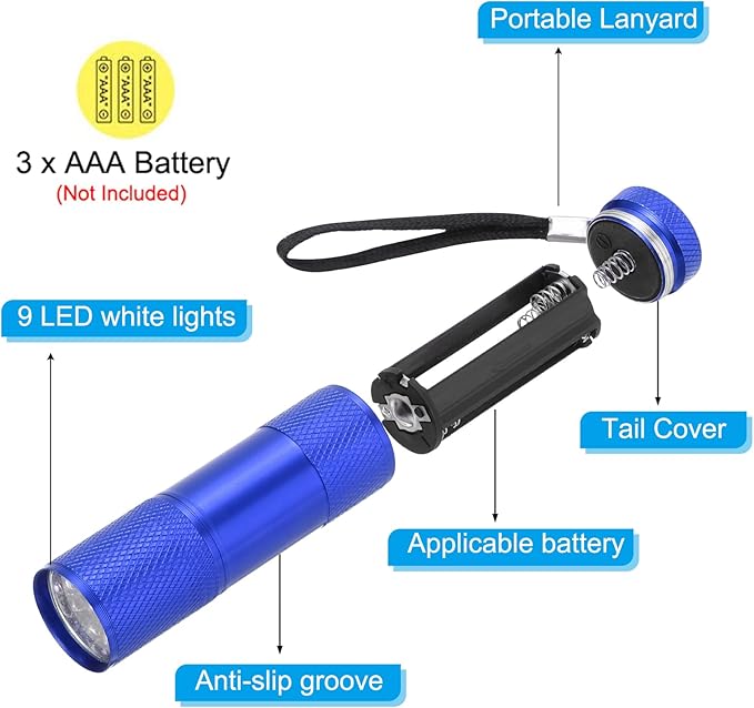 PATIKIL 9 LED Mini Flashlights, Aluminum Pocket Flashlight Torch with Lanyard for Camping, Hiking, Outdoor Emergencies, Blue