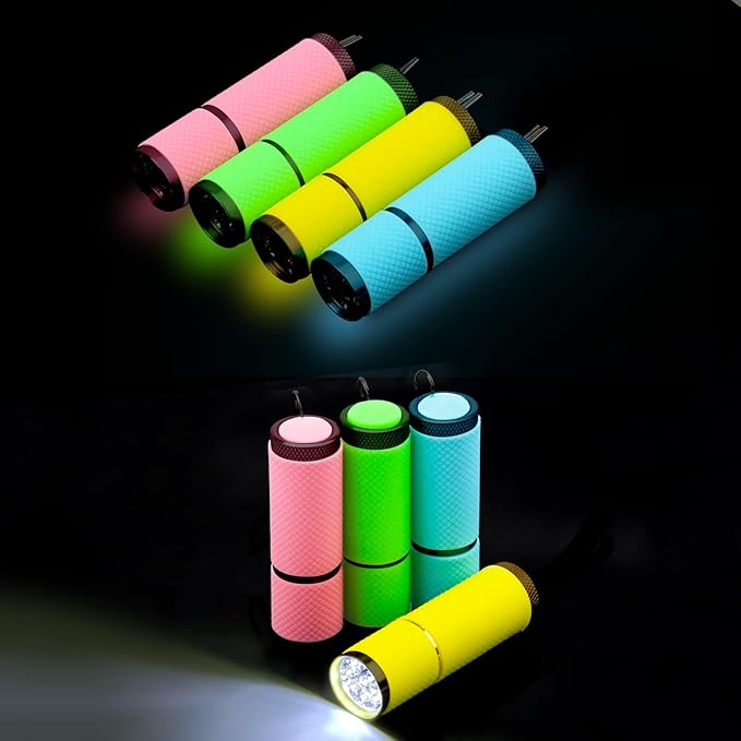 AHIER 9 LED Glow in Dark Flashlights, 12 Pack Rubber Coated Flashlights with Straps, Portable Handy Lights for Camping, Hiking, Indoor, Assorted Colors (Green+Blue+Pink+Yellow)