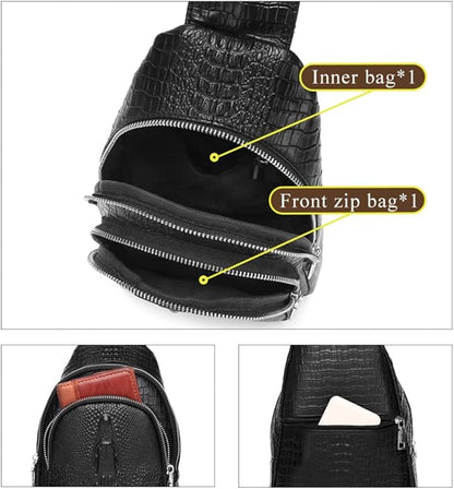 KPYWZER Genuine Leather Sling Bag Backpack for Men Crocodile Embossing Chest Bag Crossbody Shoulder Bag Daypack Black